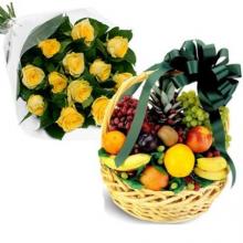 Fruit basket with 12 yellow roses