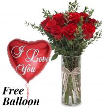 12 Red Roses Vase with Free Ballon