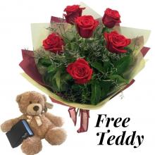 6 Red  Roses and Free Teddy