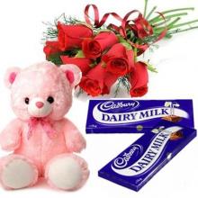 Teddy Bear with Roses and Chocolates