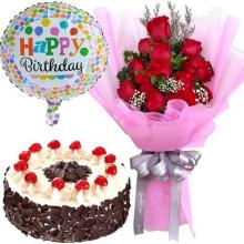 Red Roses, Black Forest Cake with Balloon