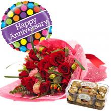 Bouquet of Flowers and a box of Chocolates with Balloon