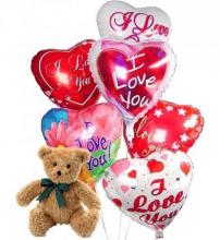6 Heart Shaped Mylar Balloons and Teddy Bear