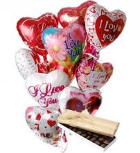 10 Heart Shaped Mylar Balloons and Box of Chocolates