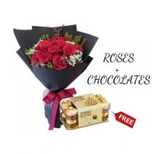 Valentines 12 Red Roses Bouquet with FREE Chocolate box