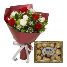 Bouquet of 12 Red and White Roses With 16 Ferrero Rocher