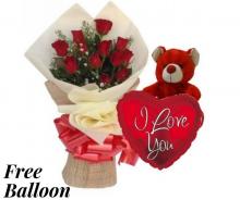 Red Roses Bouquet and Teddy with Free Balloon